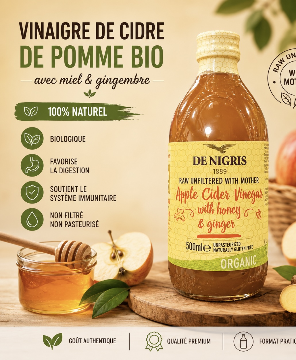 VINAIGRE DE CIDRE DE POMME BIO - avec miel & gingembre -
