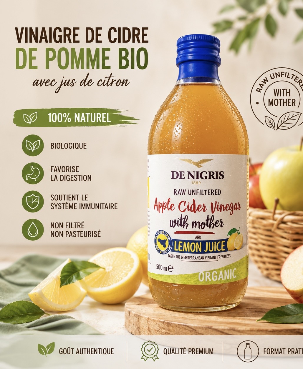 VINAIGRE DE CIDRE DE POMME BIO avec jus de citron